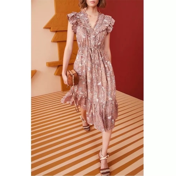NWOT Ulla Johnson Midi Ruffle Floral Romina Flutter-Sleeve Dress